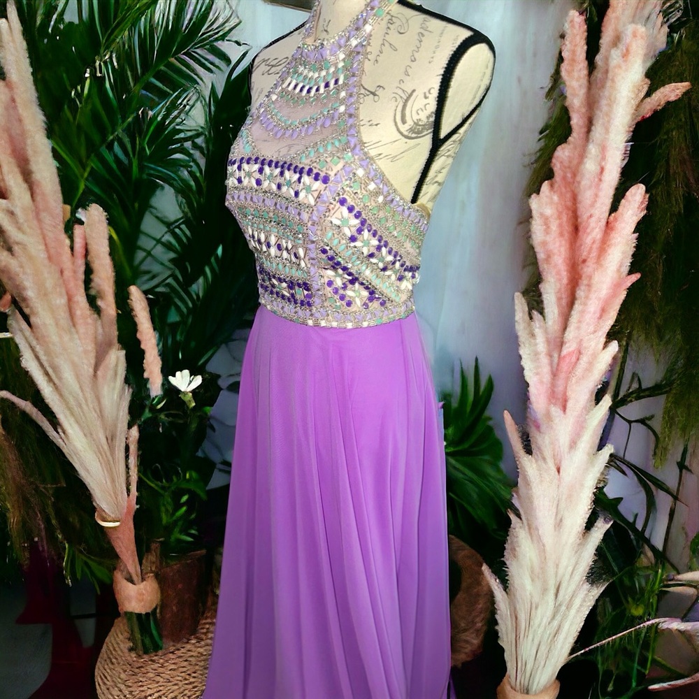 Purple Orchid Beaded Halter Maxi Gown Dave & Johnny Formal Dress 1/2 - Picture 4 of 11
